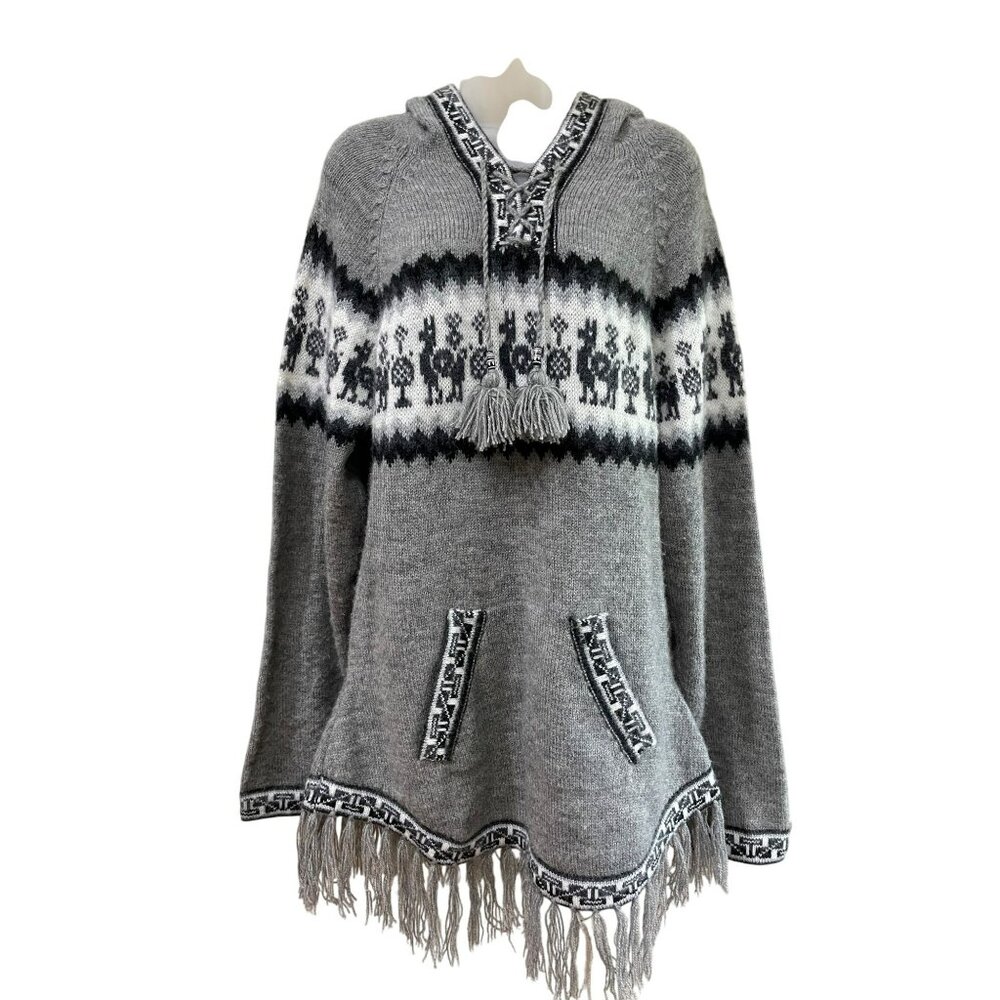 Alpaca Connection Peru Large Gray & Black Llama Fair Isle Hooded Poncho Sweater